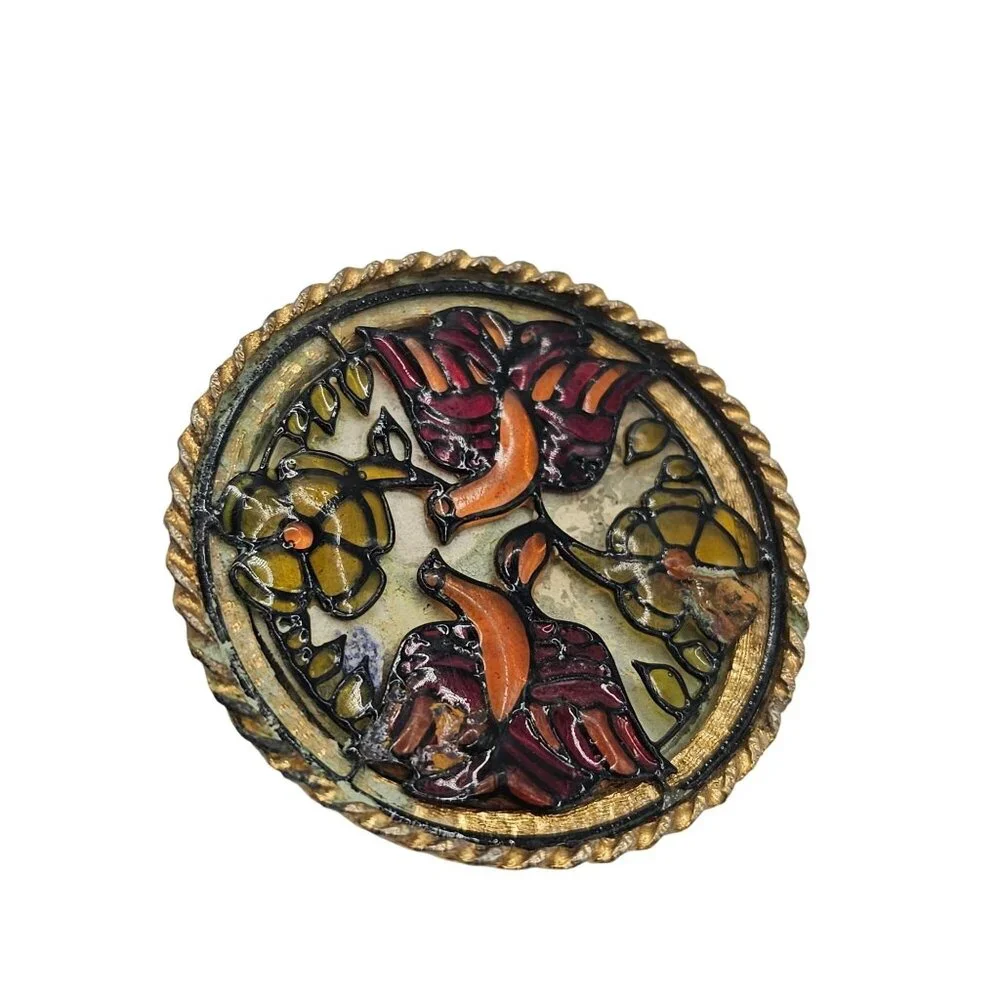 Vtg Cloisonné Style Enamel Bird Brooch Stained Glass Style Art Nouveau Revival - Picture 3 of 9